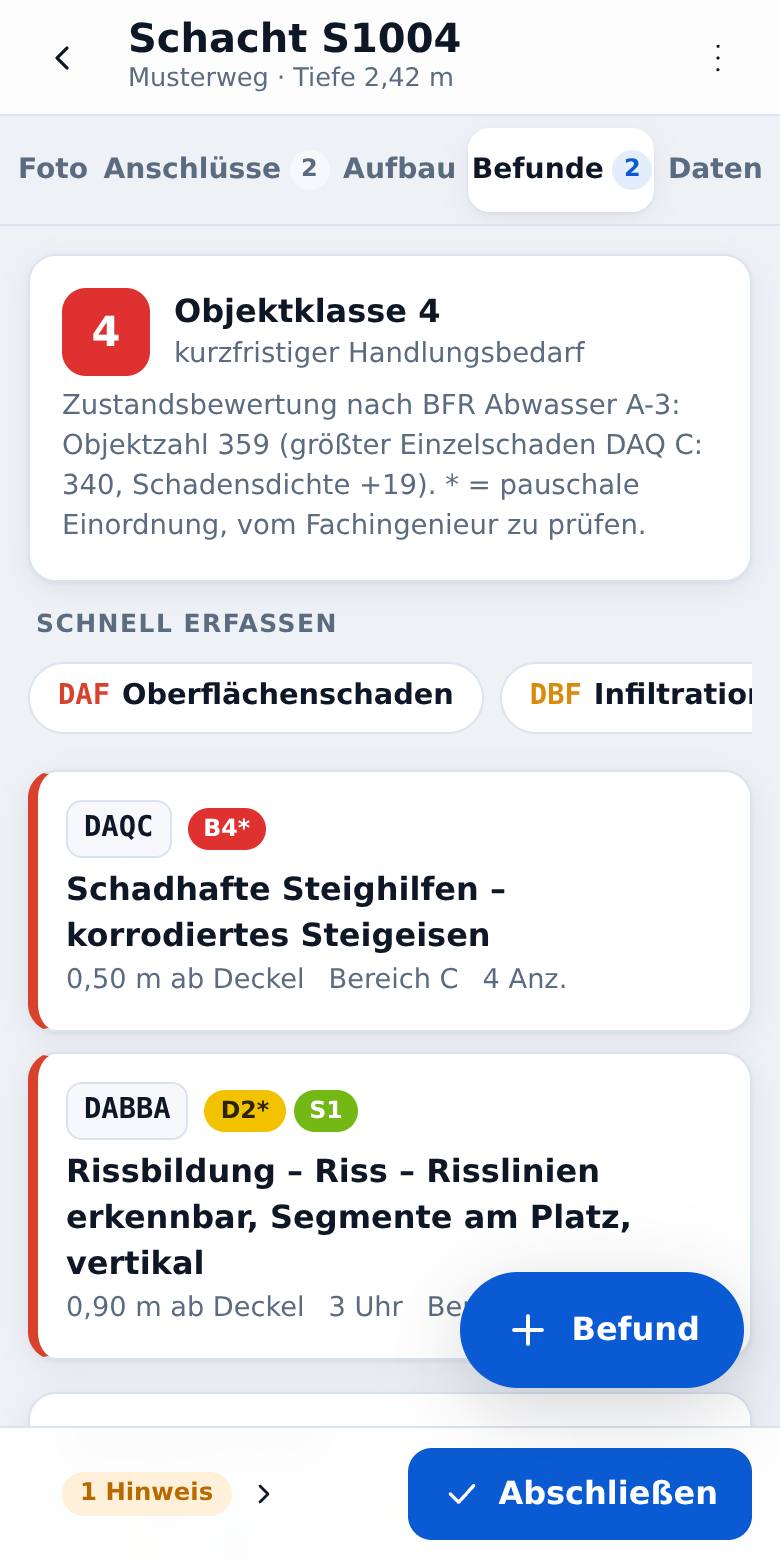 Befunde mit Zustandsklasse nach BFR Abwasser