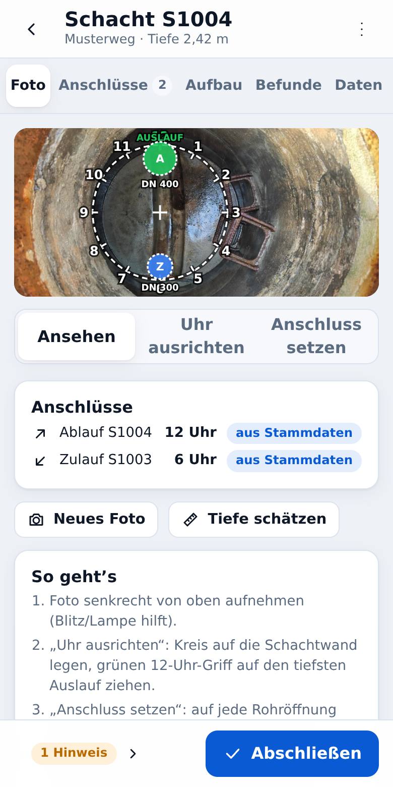 Schachtfoto mit Uhr und Anschlüssen